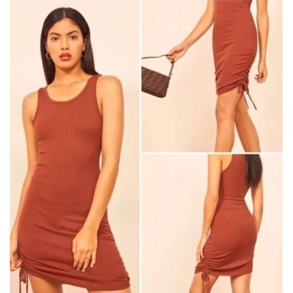 Reformation Bodycon Tank Dress Aerin Side Ruched Ties Size S Rust Tight Knit